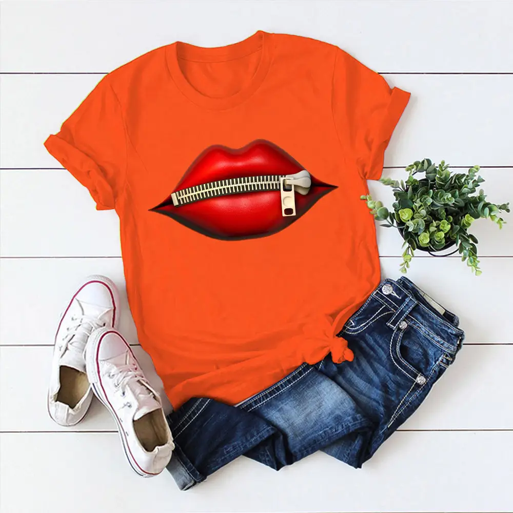 Women's Black T-Shirt with Red Lip Print Design