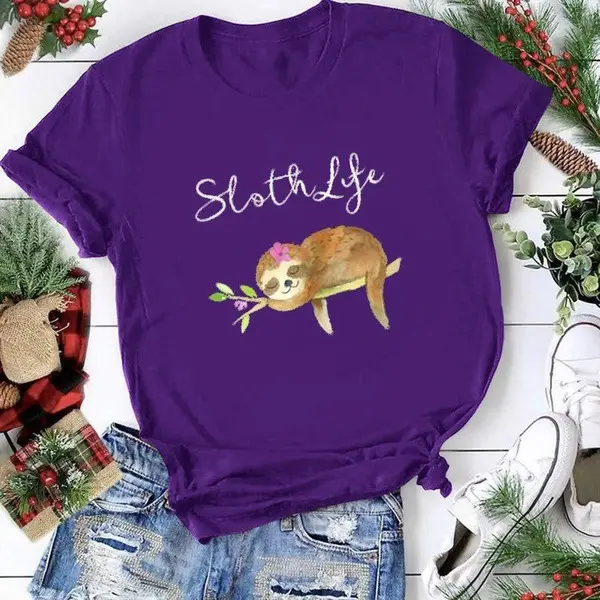 Purple Sloth Life Printed T-Shirt for Women