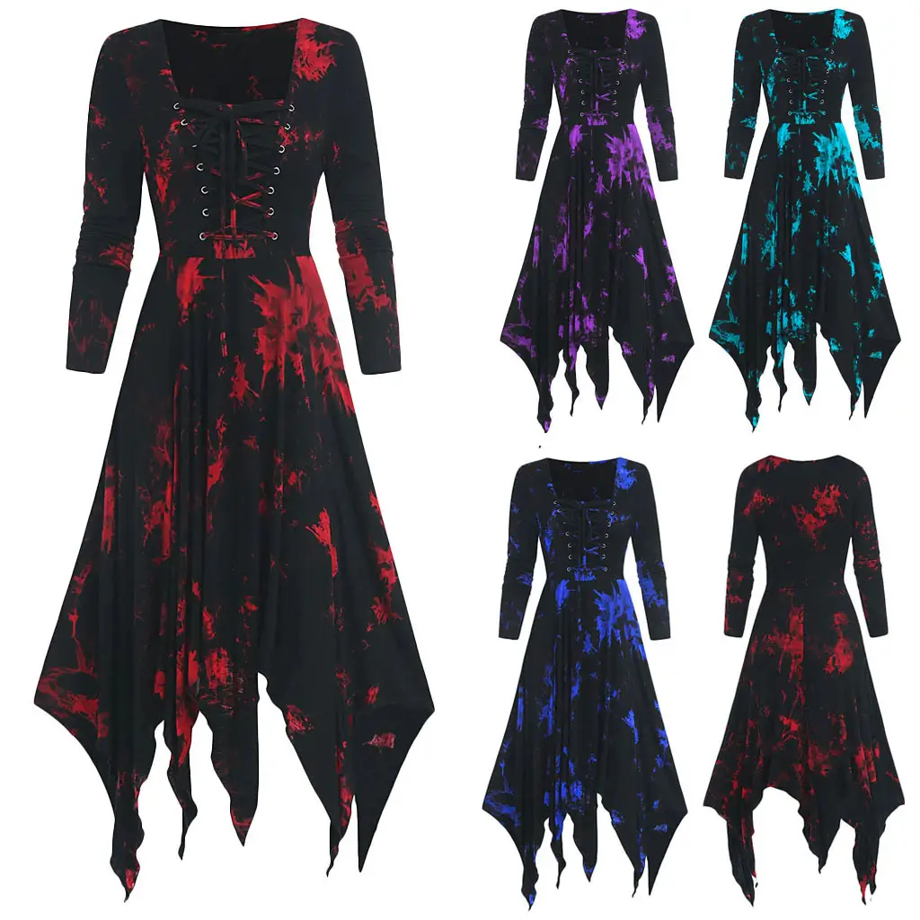 Gothic Printed Long Sleeve Tie-Dyed Dress