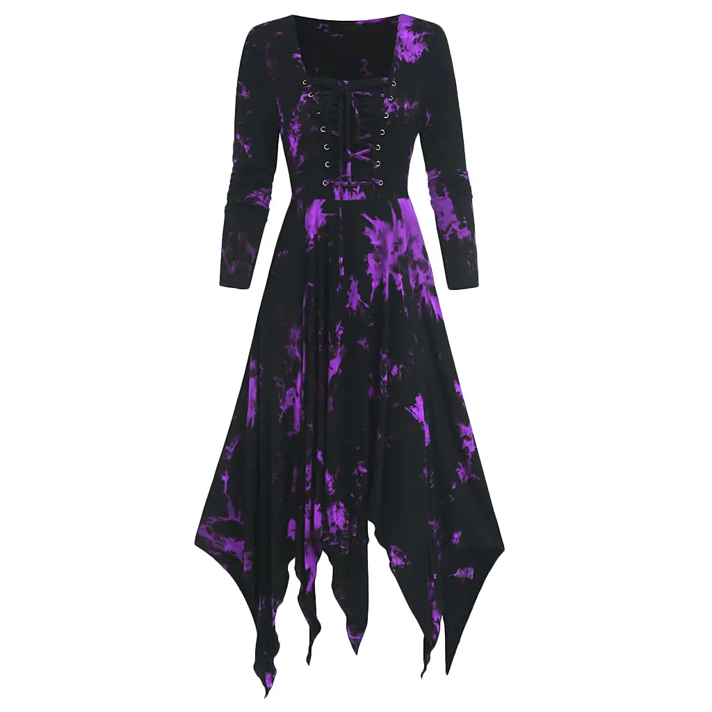 Gothic Printed Long Sleeve Tie-Dyed Dress