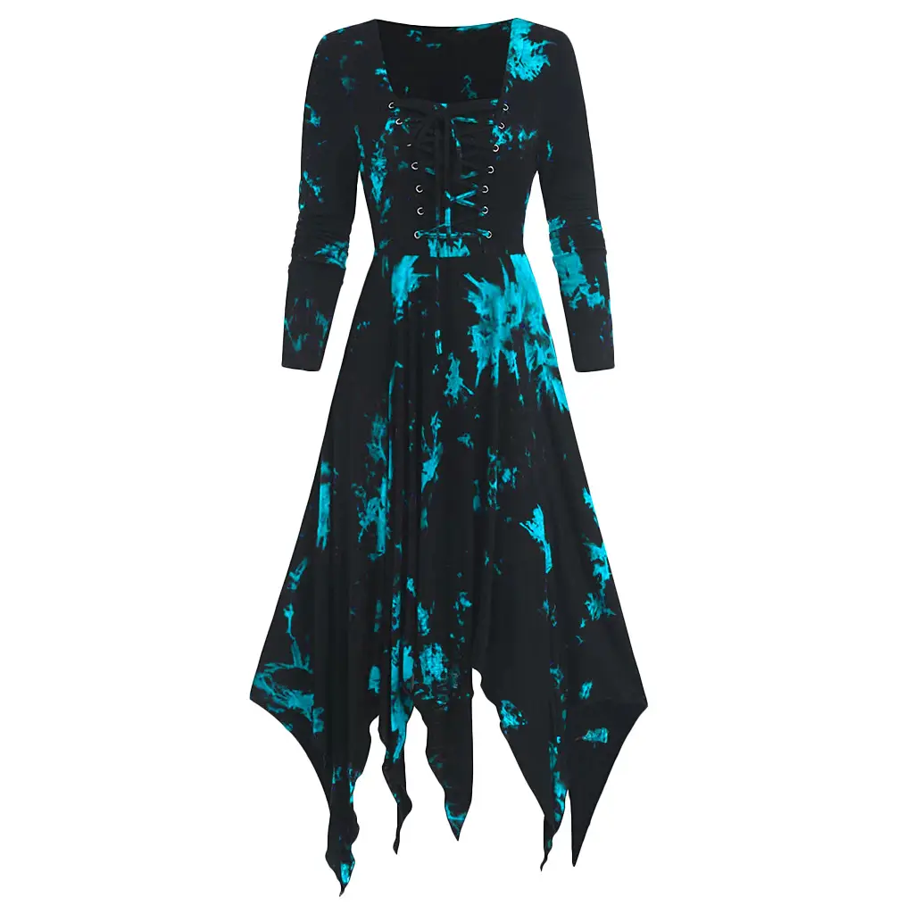 Gothic Printed Long Sleeve Tie-Dyed Dress