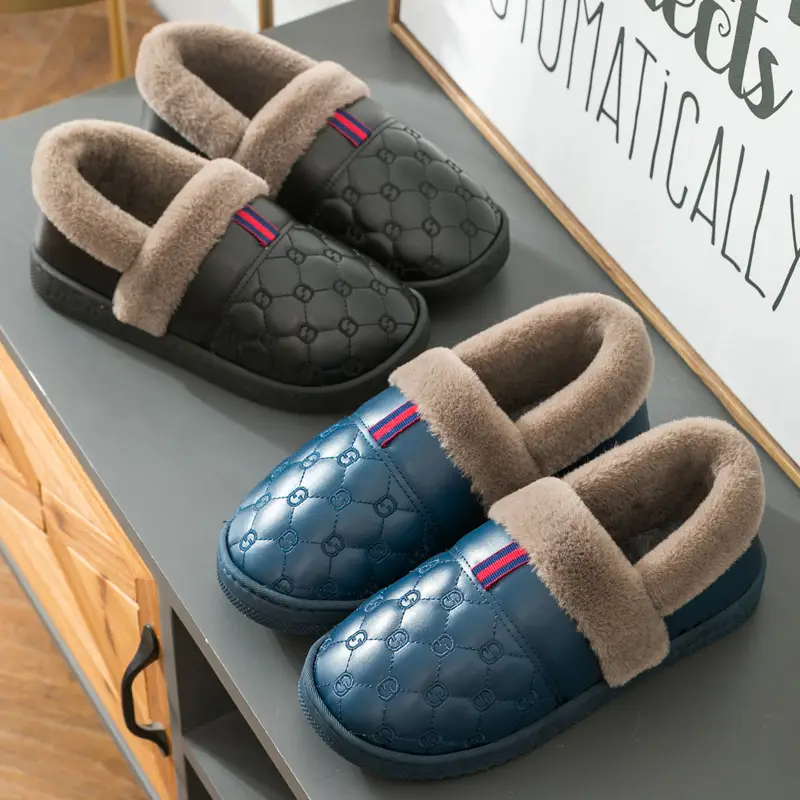 Men's Winter Cotton Slippers for Couples, Closed Heel, Thick Sole, Non-Slip, Warm, Waterproof, Pu Leather Surface, Women's Home Maternity Shoes, Indoor Winter Use