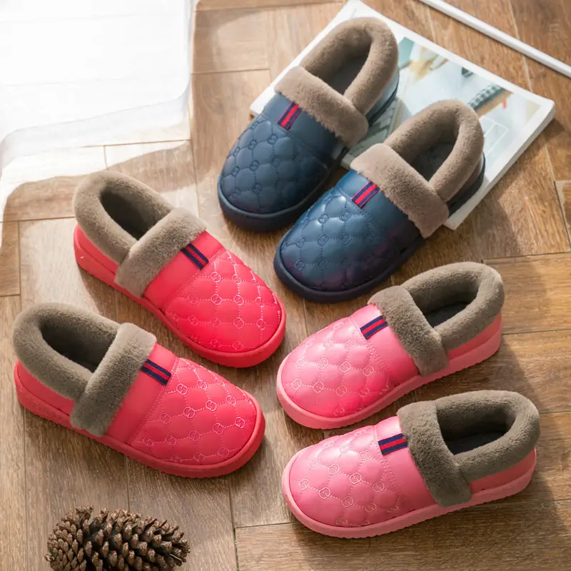 Men's Winter Cotton Slippers for Couples, Closed Heel, Thick Sole, Non-Slip, Warm, Waterproof, Pu Leather Surface, Women's Home Maternity Shoes, Indoor Winter Use