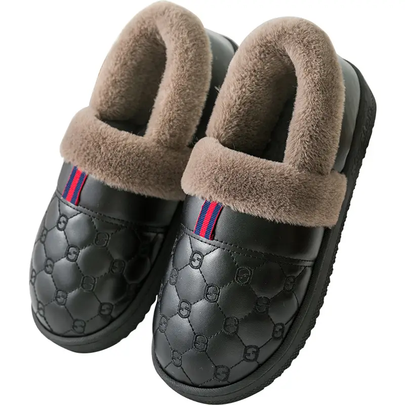 Men's Winter Cotton Slippers for Couples, Closed Heel, Thick Sole, Non-Slip, Warm, Waterproof, Pu Leather Surface, Women's Home Maternity Shoes, Indoor Winter Use