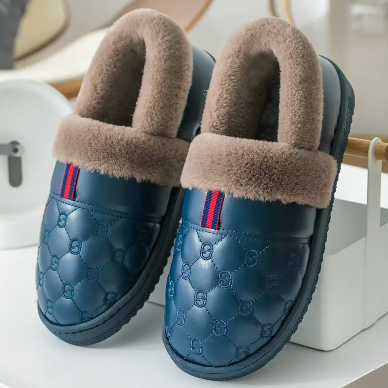 Men's Winter Cotton Slippers for Couples, Closed Heel, Thick Sole, Non-Slip, Warm, Waterproof, Pu Leather Surface, Women's Home Maternity Shoes, Indoor Winter Use