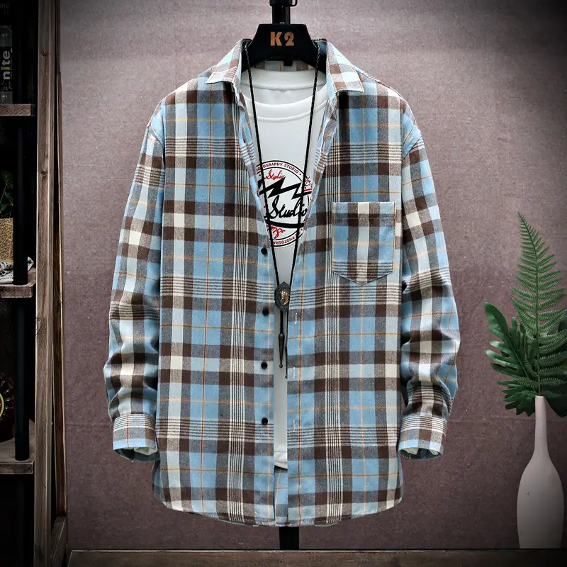 Men's Plaid Long Sleeve Shirt White Red Blue - Image 6