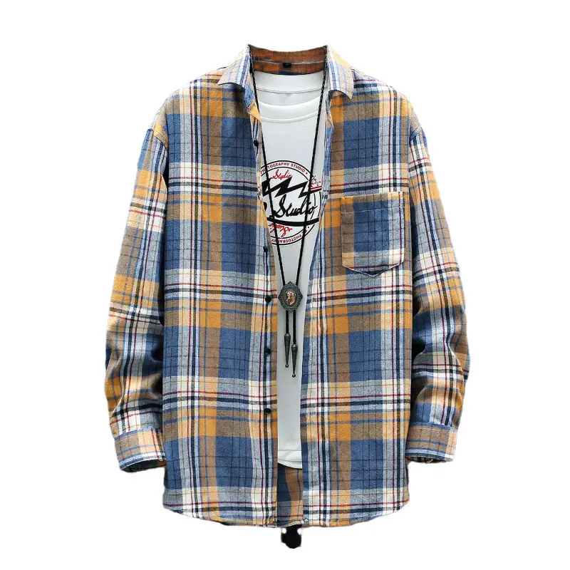 Men's Plaid Long Sleeve Shirt White Red Blue - Image 9