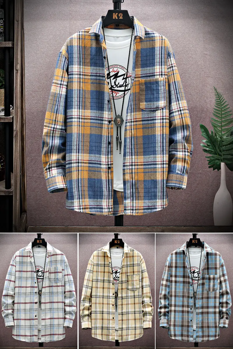 Men's Plaid Long Sleeve Shirt White Red Blue - Image 10