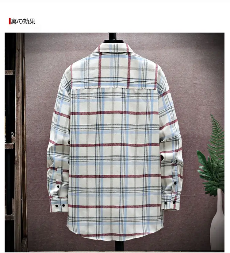 Men's Plaid Long Sleeve Shirt White Red Blue — feature 10