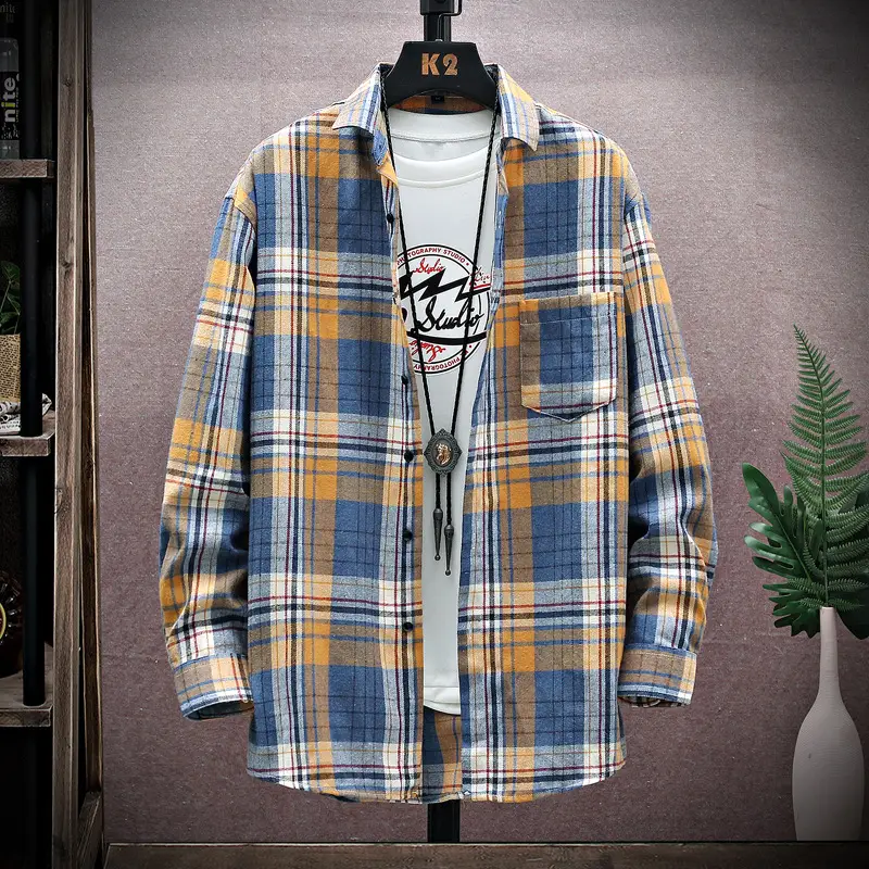 Men's Plaid Long Sleeve Shirt White Red Blue - Image 4