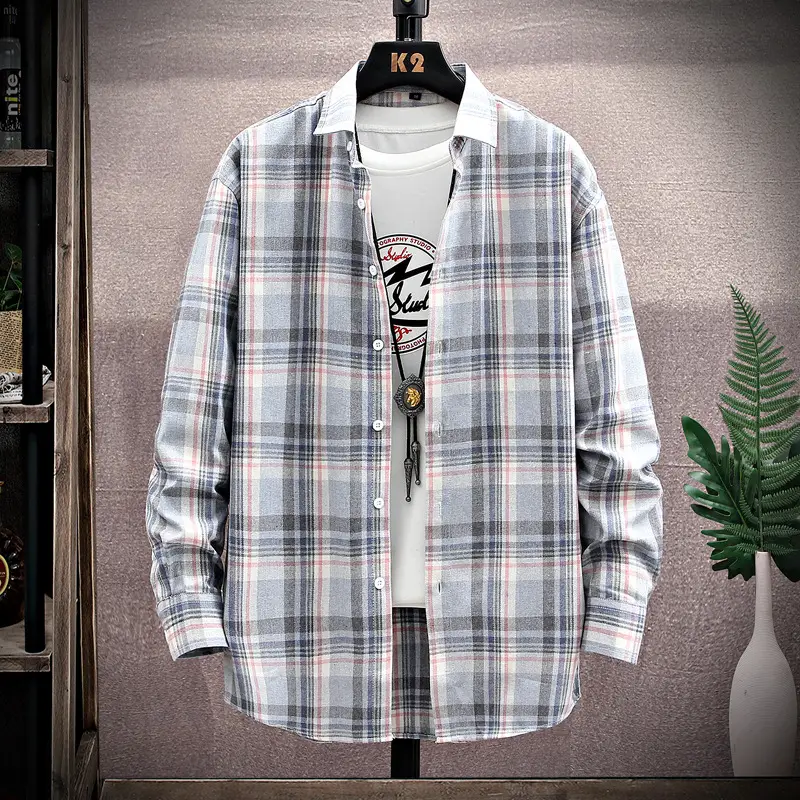 Men's Long Sleeve Plaid Shirt Blue White Grey - Image 4