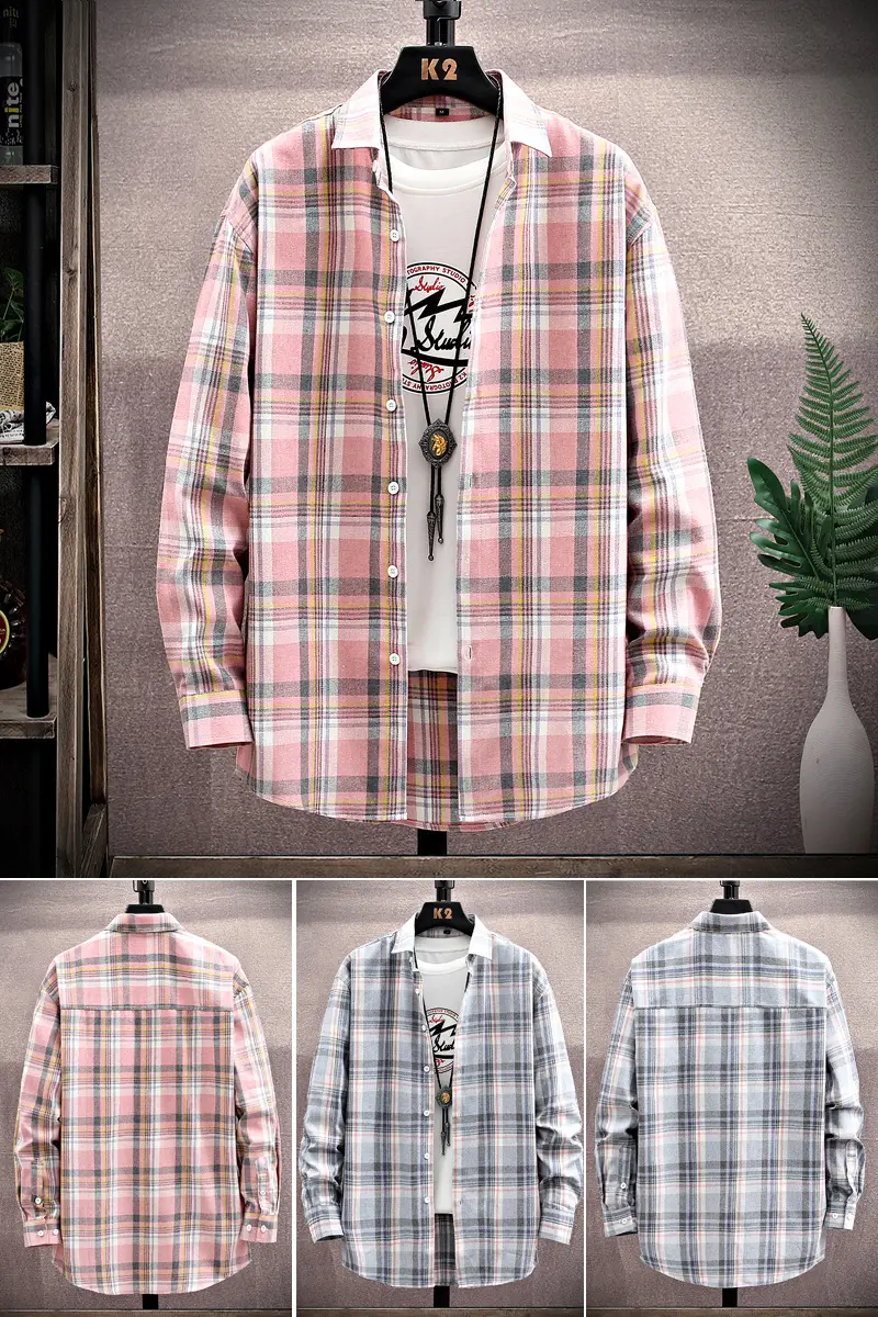 Men's Long Sleeve Plaid Shirt Blue White Grey - Image 8