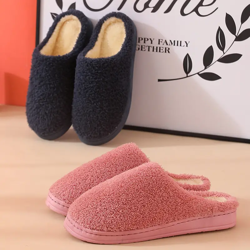 Autumn and Winter Cotton Slippers Women's Bag with Solid Color Warm Home Wool Slippers Men's Couple's Indoor Thick-soled Non-slip Moon Shoes