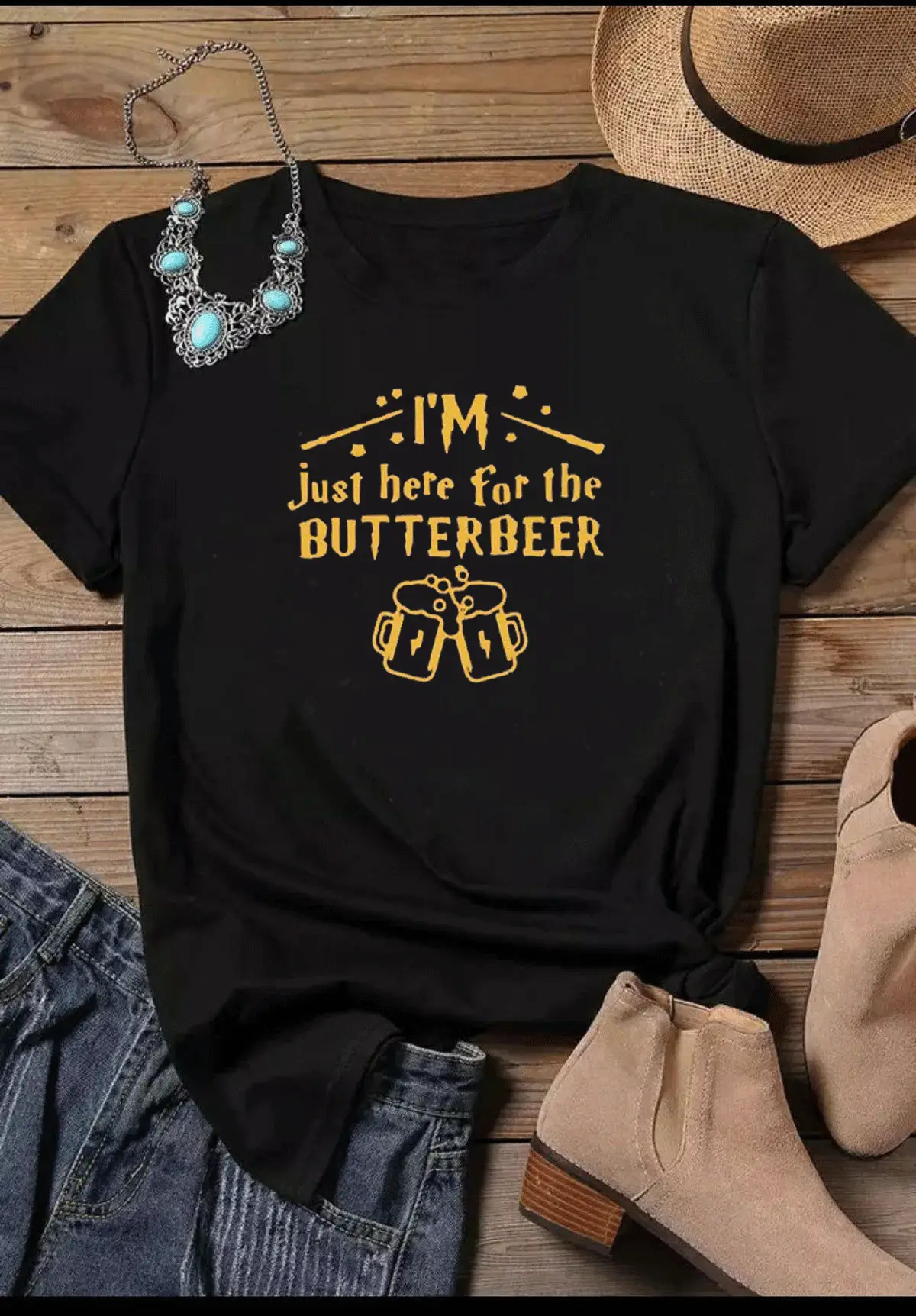 White Short Sleeve T-Shirt with "I'M Just Here for the Butterbeer" Design - Image 2