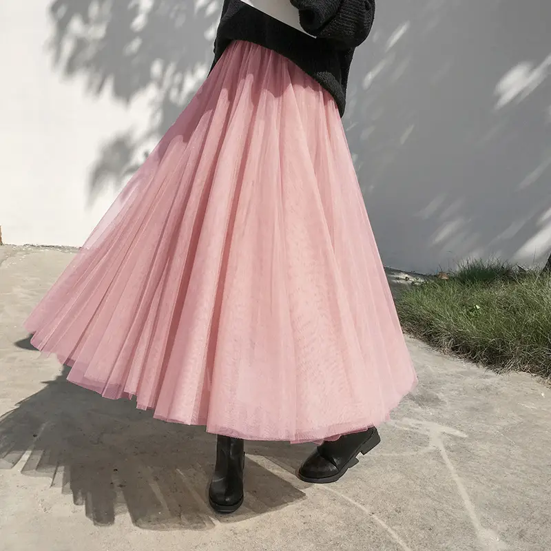 Black Gauze Pleated Skirt Mid Length Women Winter - Image 4