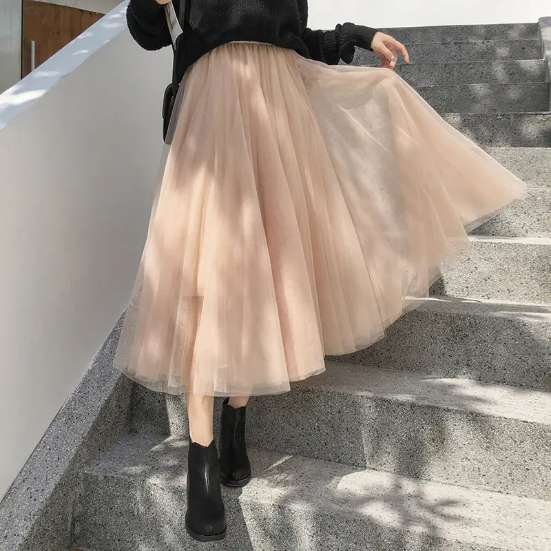 Black Gauze Pleated Skirt Mid Length Women Winter - Image 5