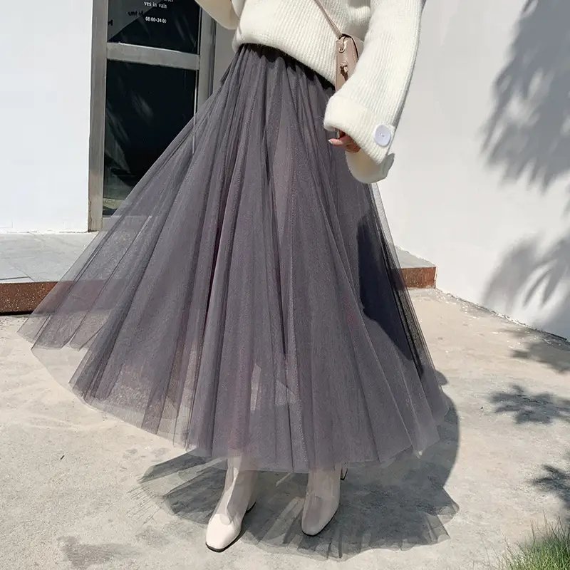 Black Gauze Pleated Skirt Mid Length Women Winter - Image 6