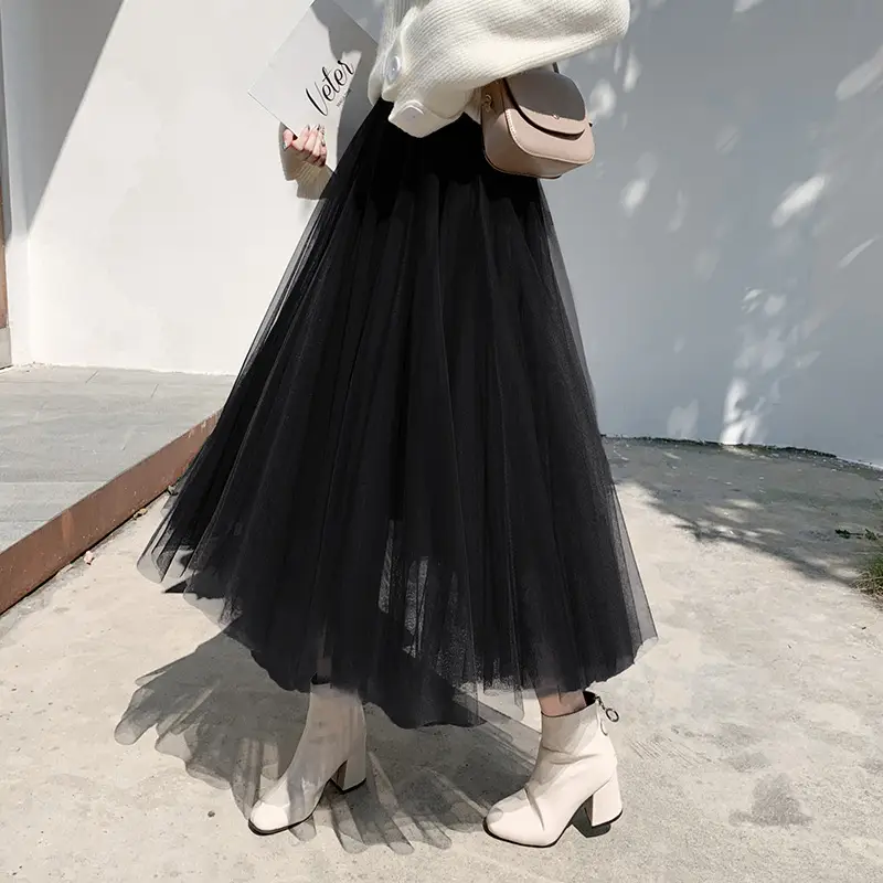 Black Gauze Pleated Skirt Mid Length Women Winter - Image 7