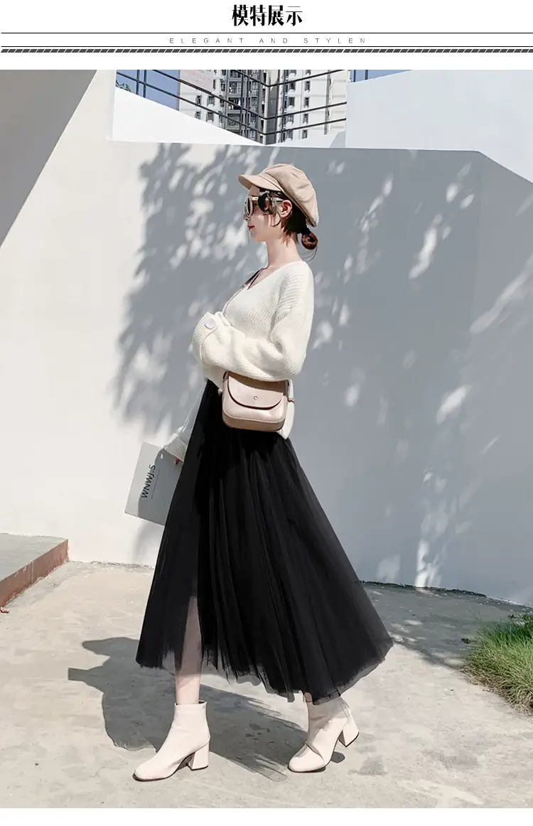 Black Gauze Pleated Skirt Mid Length Women Winter — feature 10