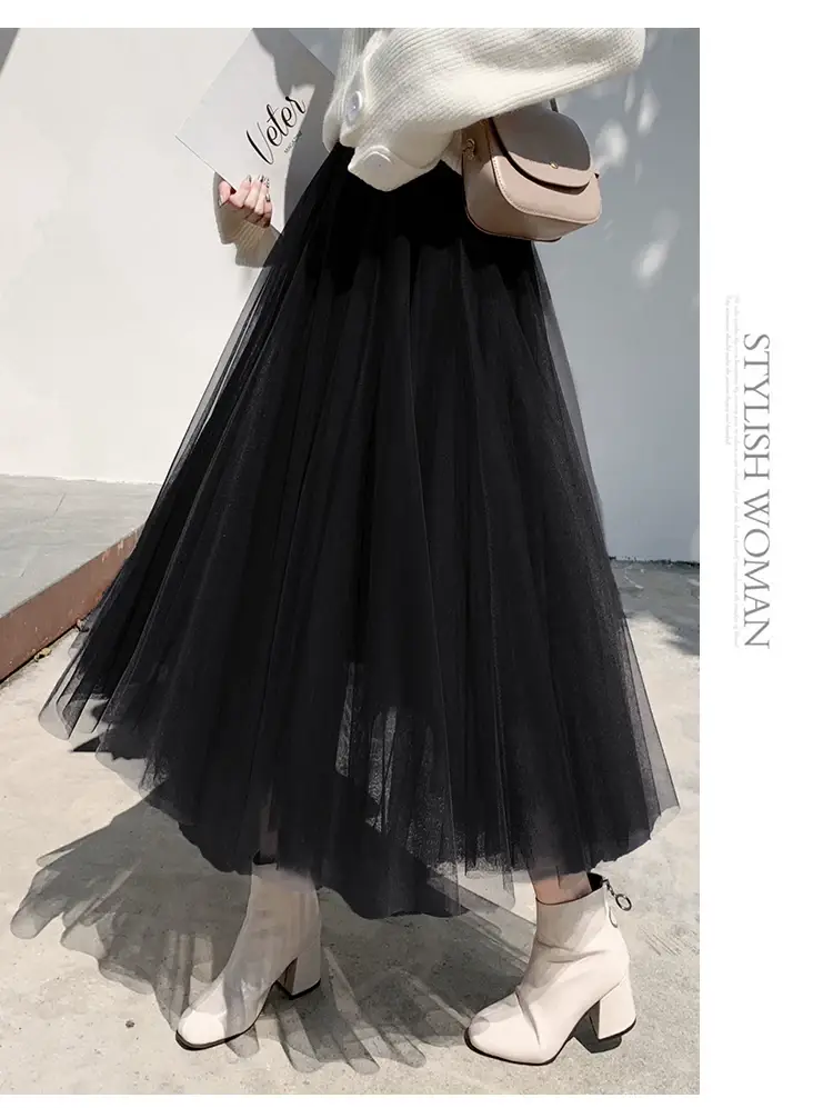 Black Gauze Pleated Skirt Mid Length Women Winter — feature 11