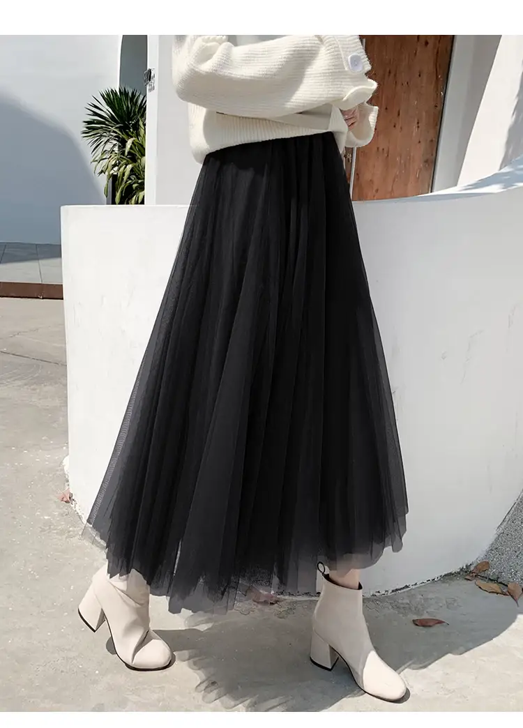 Black Gauze Pleated Skirt Mid Length Women Winter — feature 12