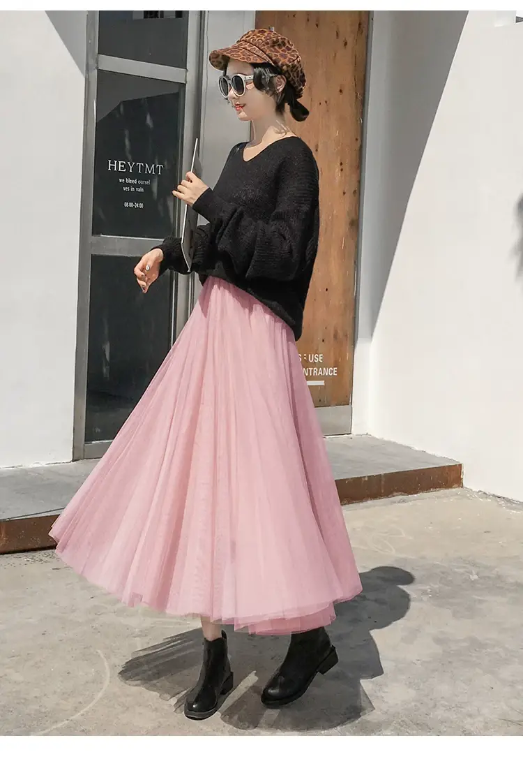 Black Gauze Pleated Skirt Mid Length Women Winter — feature 13