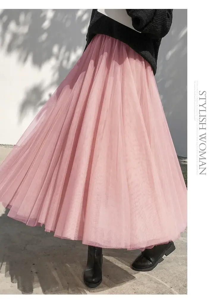 Black Gauze Pleated Skirt Mid Length Women Winter — feature 14