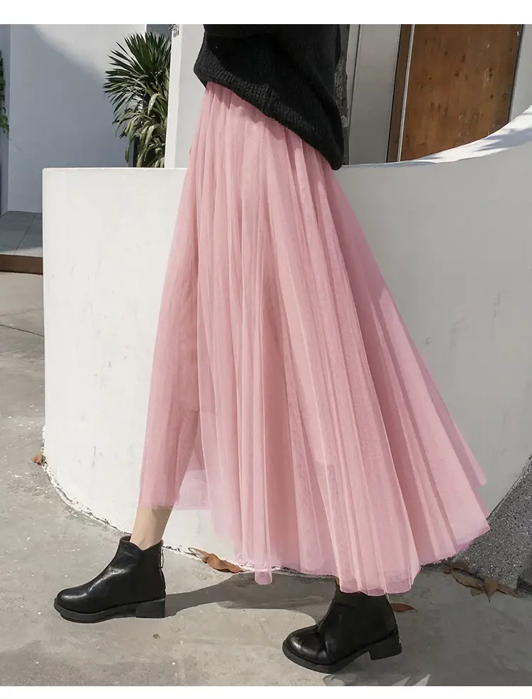 Black Gauze Pleated Skirt Mid Length Women Winter — feature 15