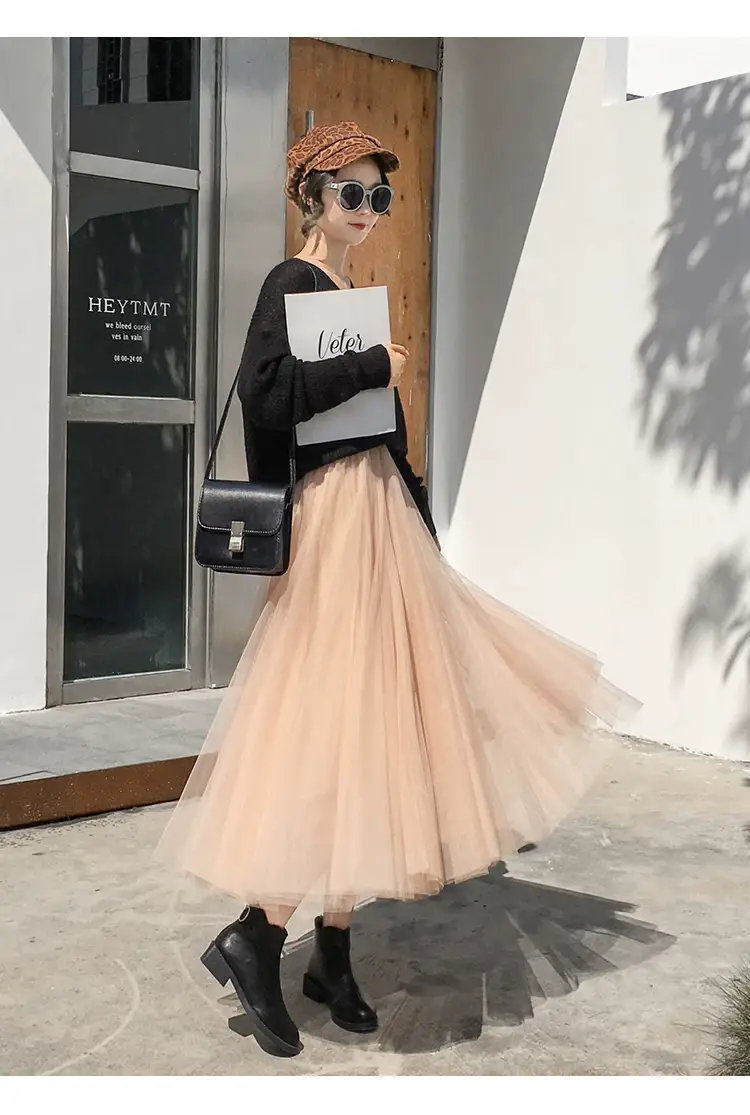 Black Gauze Pleated Skirt Mid Length Women Winter — feature 16