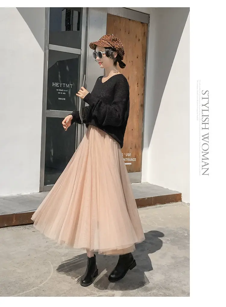 Black Gauze Pleated Skirt Mid Length Women Winter — feature 17