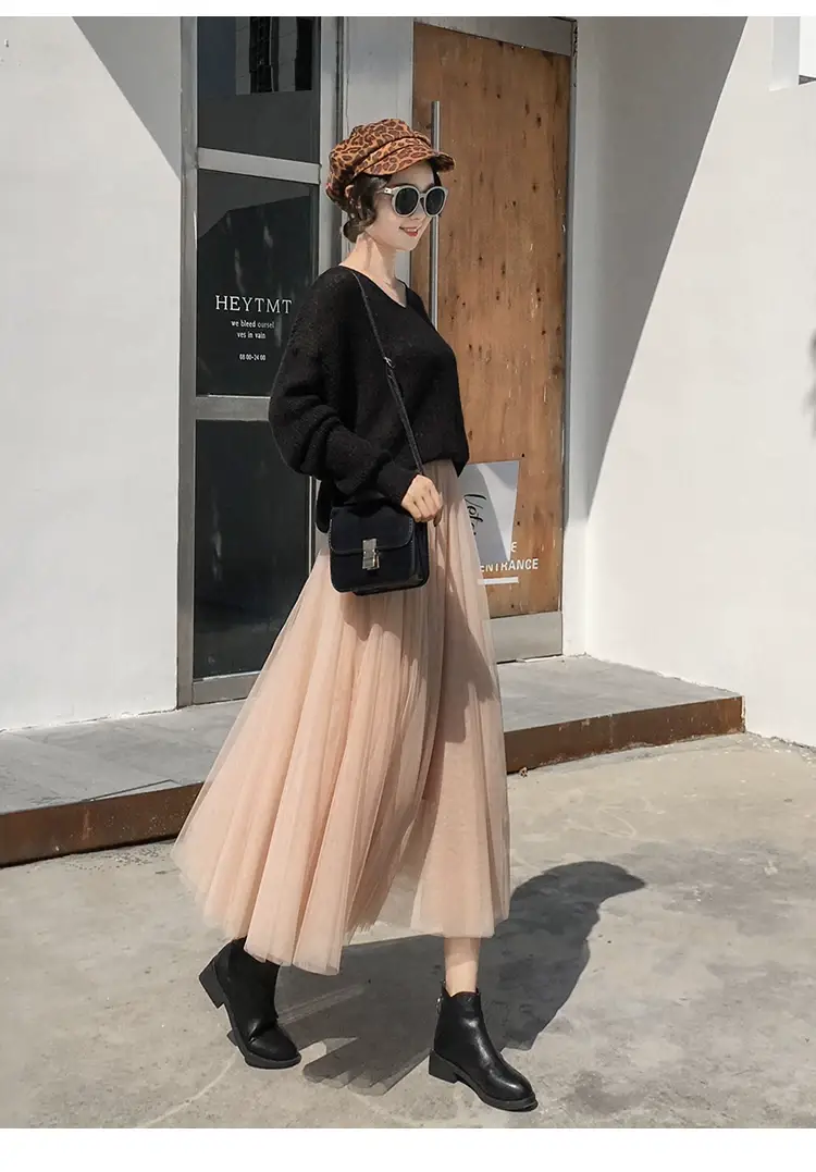 Black Gauze Pleated Skirt Mid Length Women Winter — feature 18