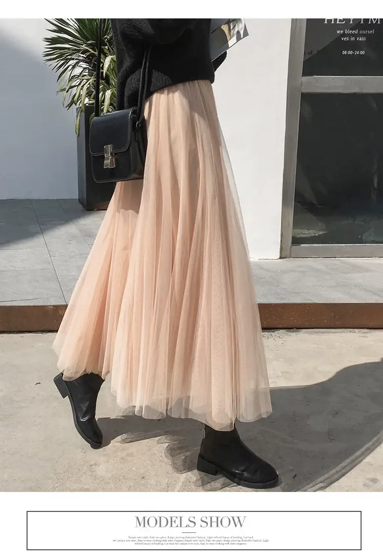 Black Gauze Pleated Skirt Mid Length Women Winter — feature 19