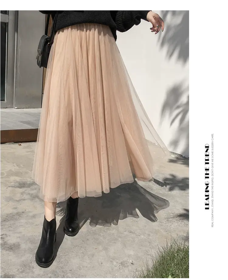 Black Gauze Pleated Skirt Mid Length Women Winter — feature 20