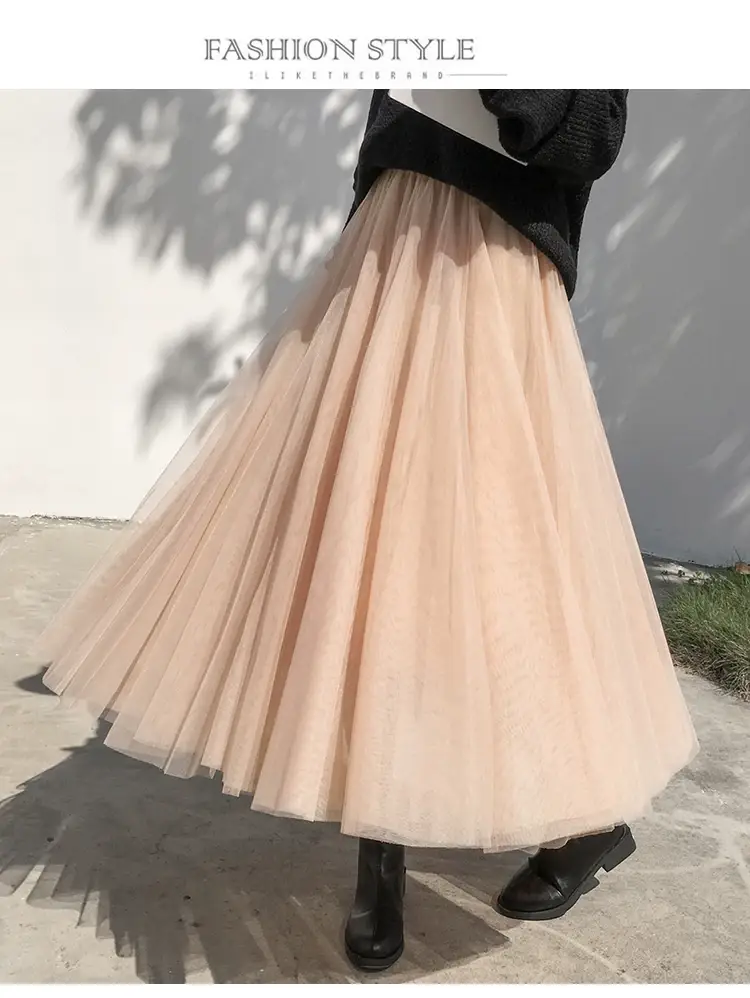 Black Gauze Pleated Skirt Mid Length Women Winter — feature 21