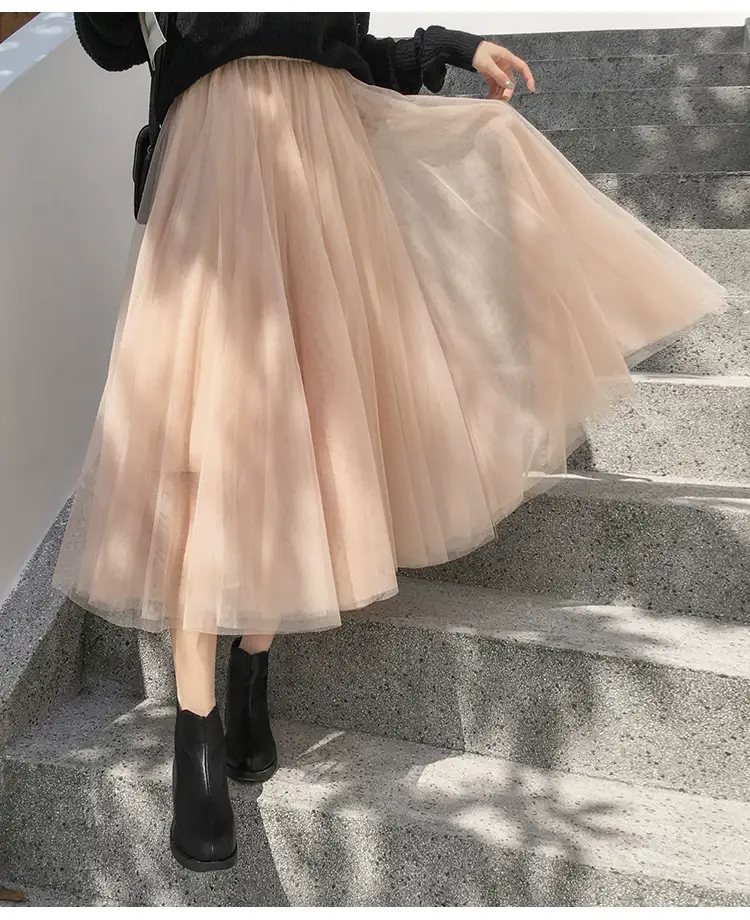 Black Gauze Pleated Skirt Mid Length Women Winter — feature 22