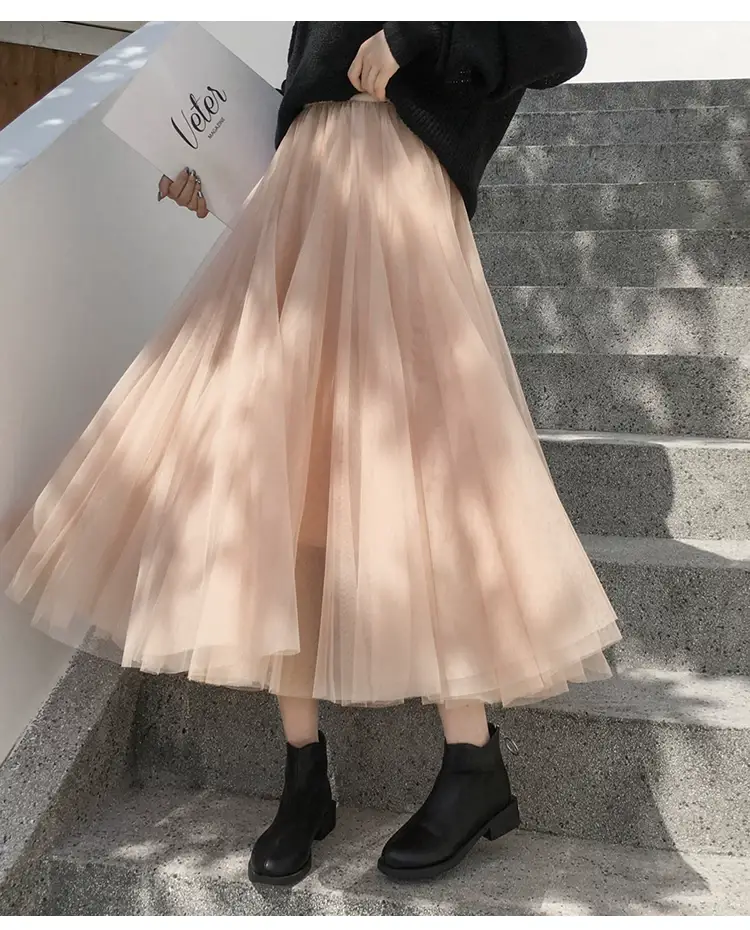 Black Gauze Pleated Skirt Mid Length Women Winter — feature 23