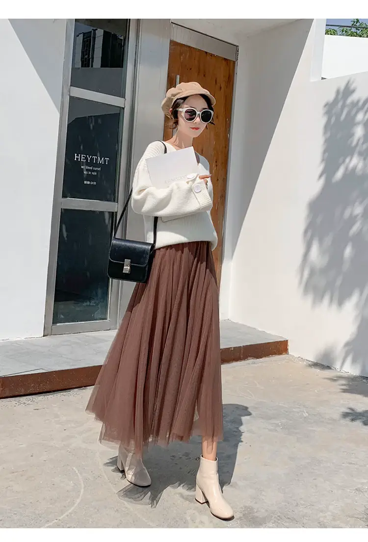 Black Gauze Pleated Skirt Mid Length Women Winter — feature 24