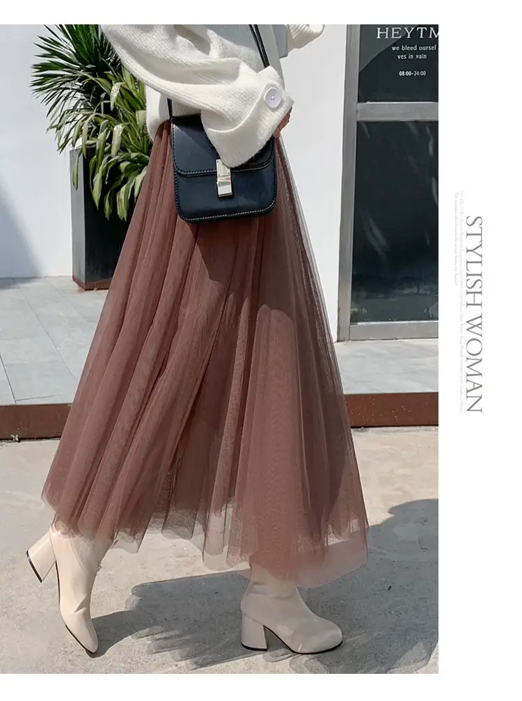 Black Gauze Pleated Skirt Mid Length Women Winter — feature 25