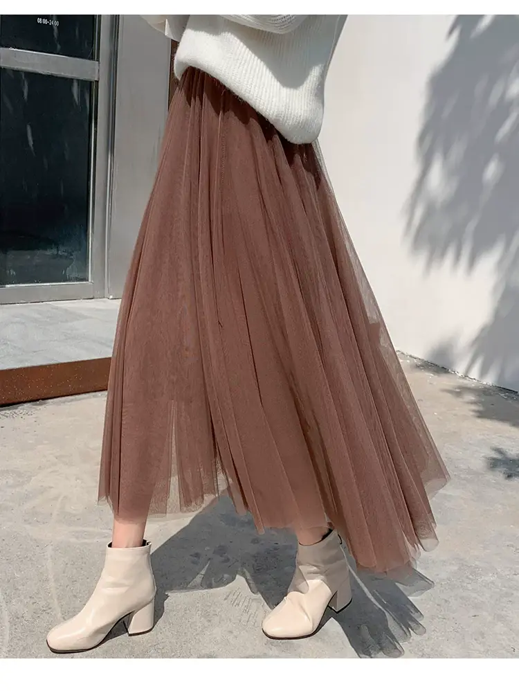 Black Gauze Pleated Skirt Mid Length Women Winter — feature 26