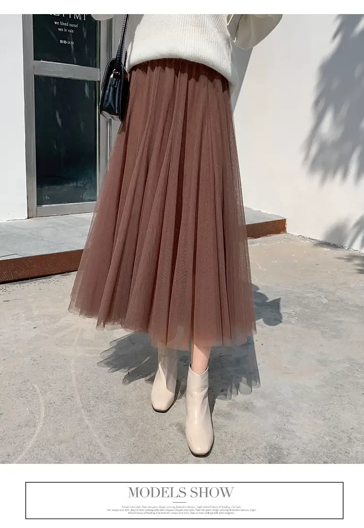 Black Gauze Pleated Skirt Mid Length Women Winter — feature 27