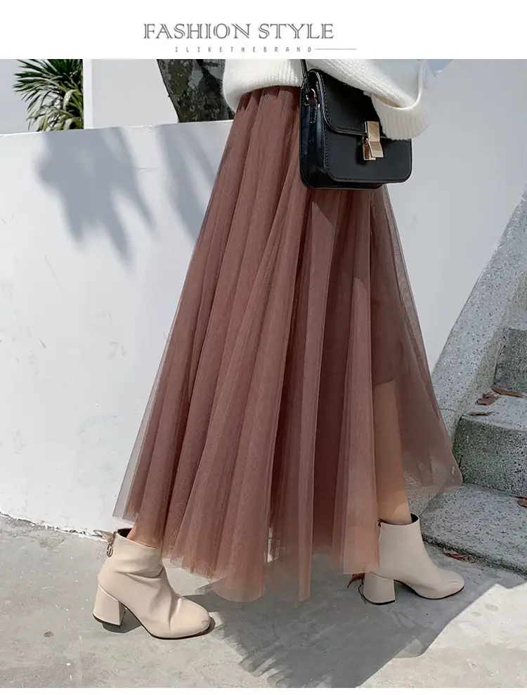Black Gauze Pleated Skirt Mid Length Women Winter — feature 29