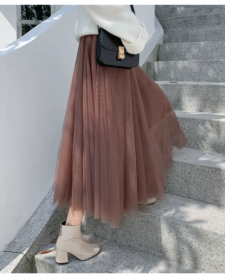 Black Gauze Pleated Skirt Mid Length Women Winter — feature 30