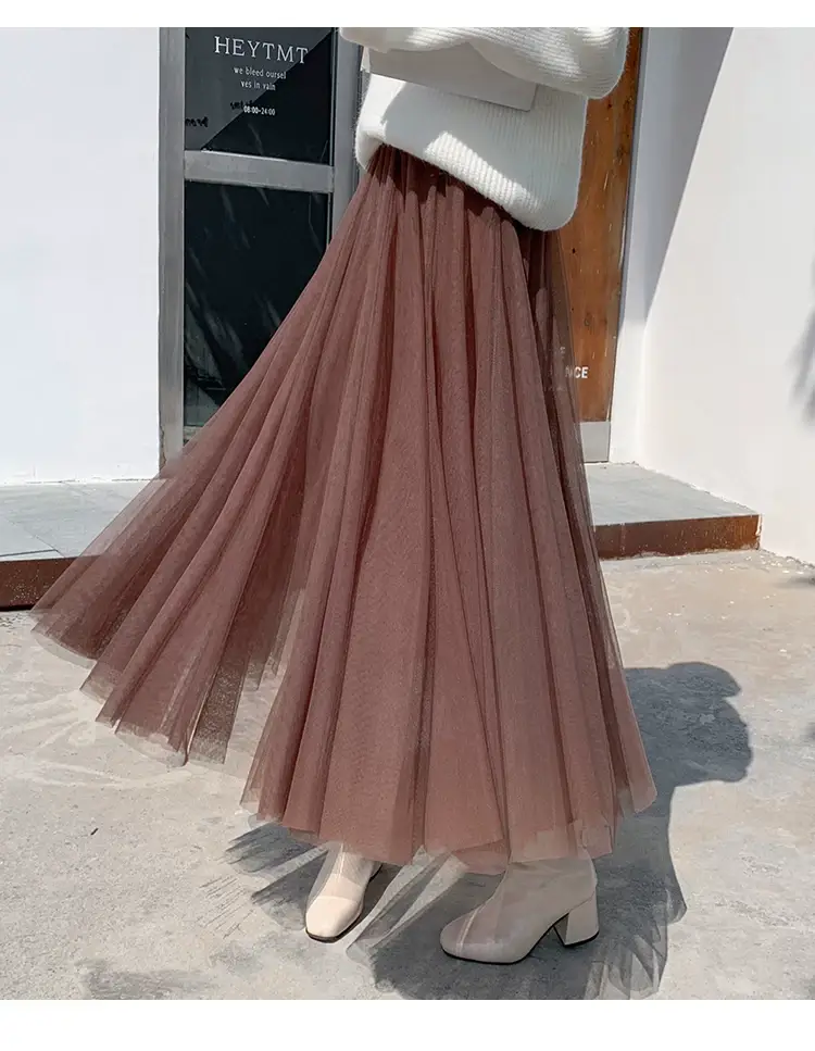 Black Gauze Pleated Skirt Mid Length Women Winter — feature 31