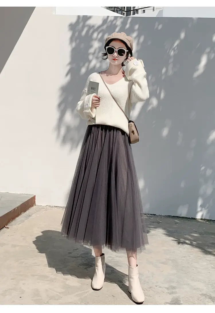 Black Gauze Pleated Skirt Mid Length Women Winter — feature 32
