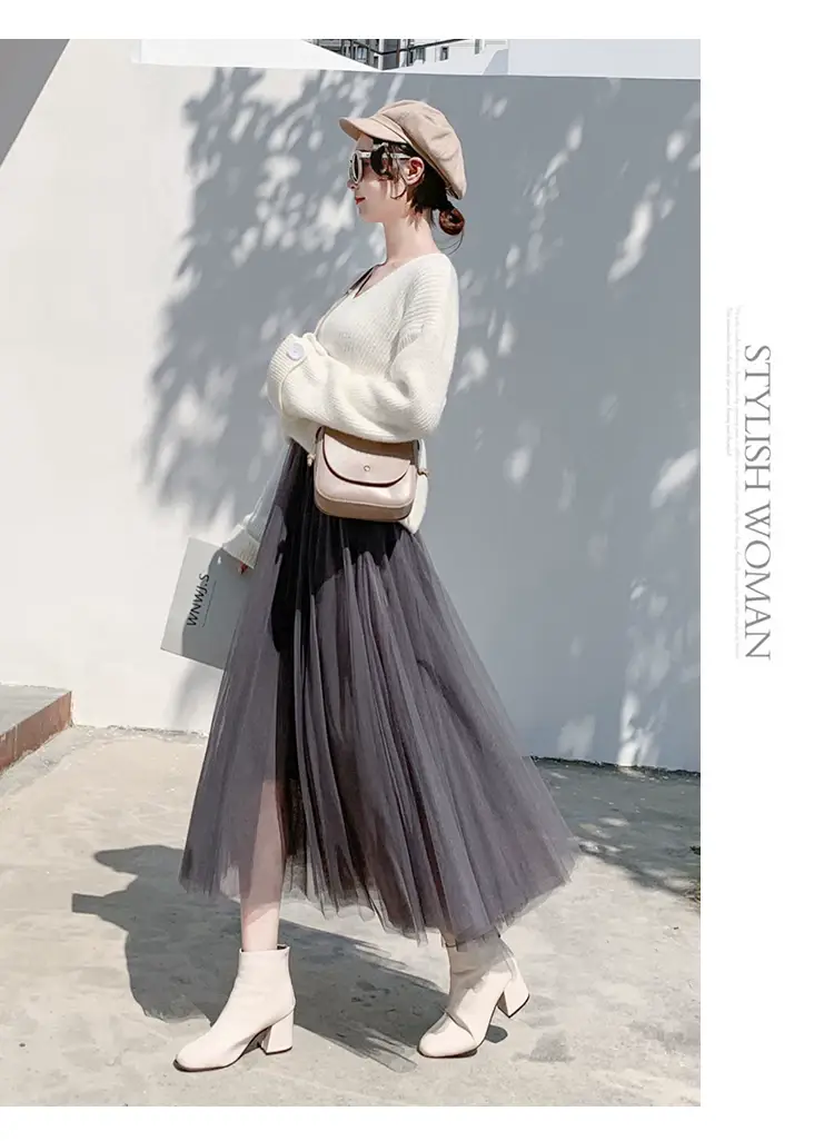 Black Gauze Pleated Skirt Mid Length Women Winter — feature 33