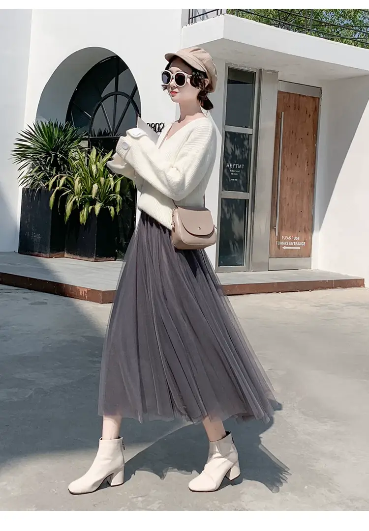 Black Gauze Pleated Skirt Mid Length Women Winter — feature 34