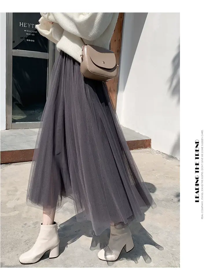 Black Gauze Pleated Skirt Mid Length Women Winter — feature 36