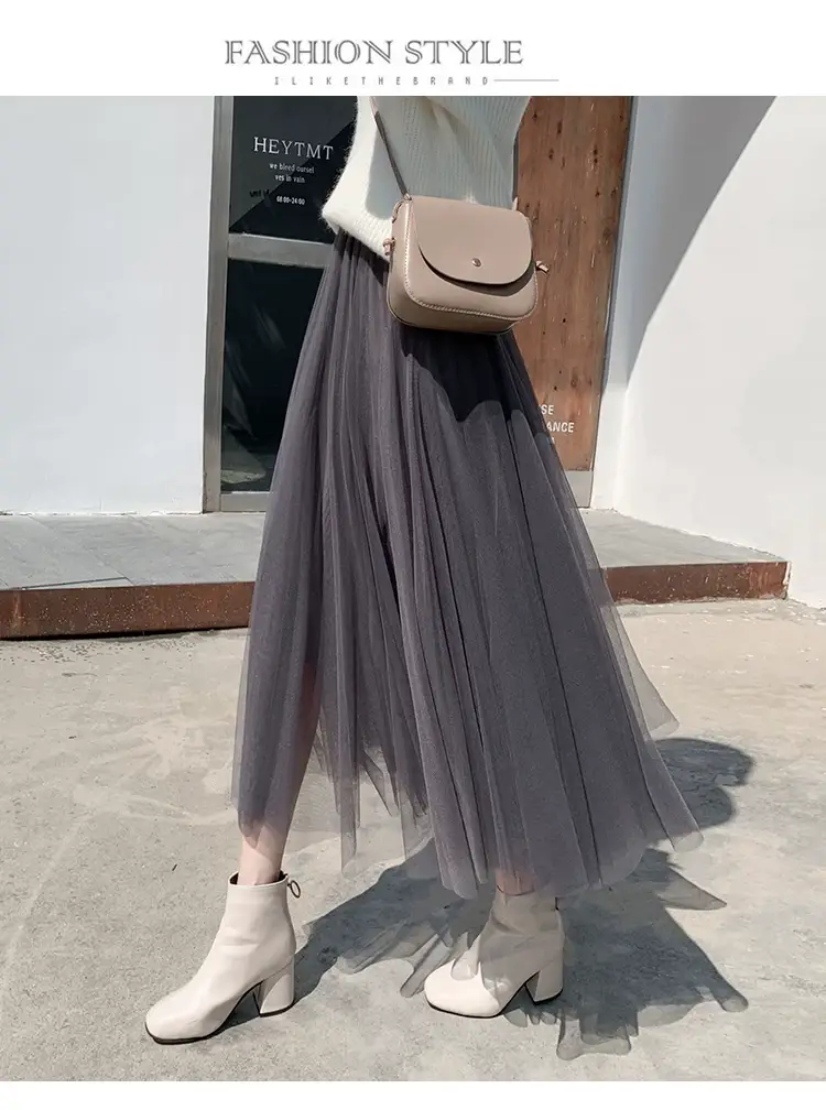 Black Gauze Pleated Skirt Mid Length Women Winter — feature 37