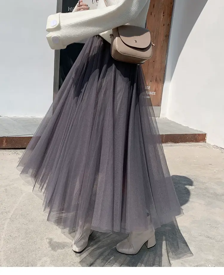 Black Gauze Pleated Skirt Mid Length Women Winter — feature 38