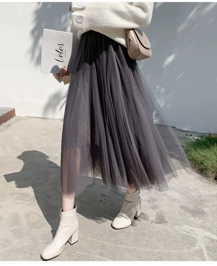 Black Gauze Pleated Skirt Mid Length Women Winter — feature 39